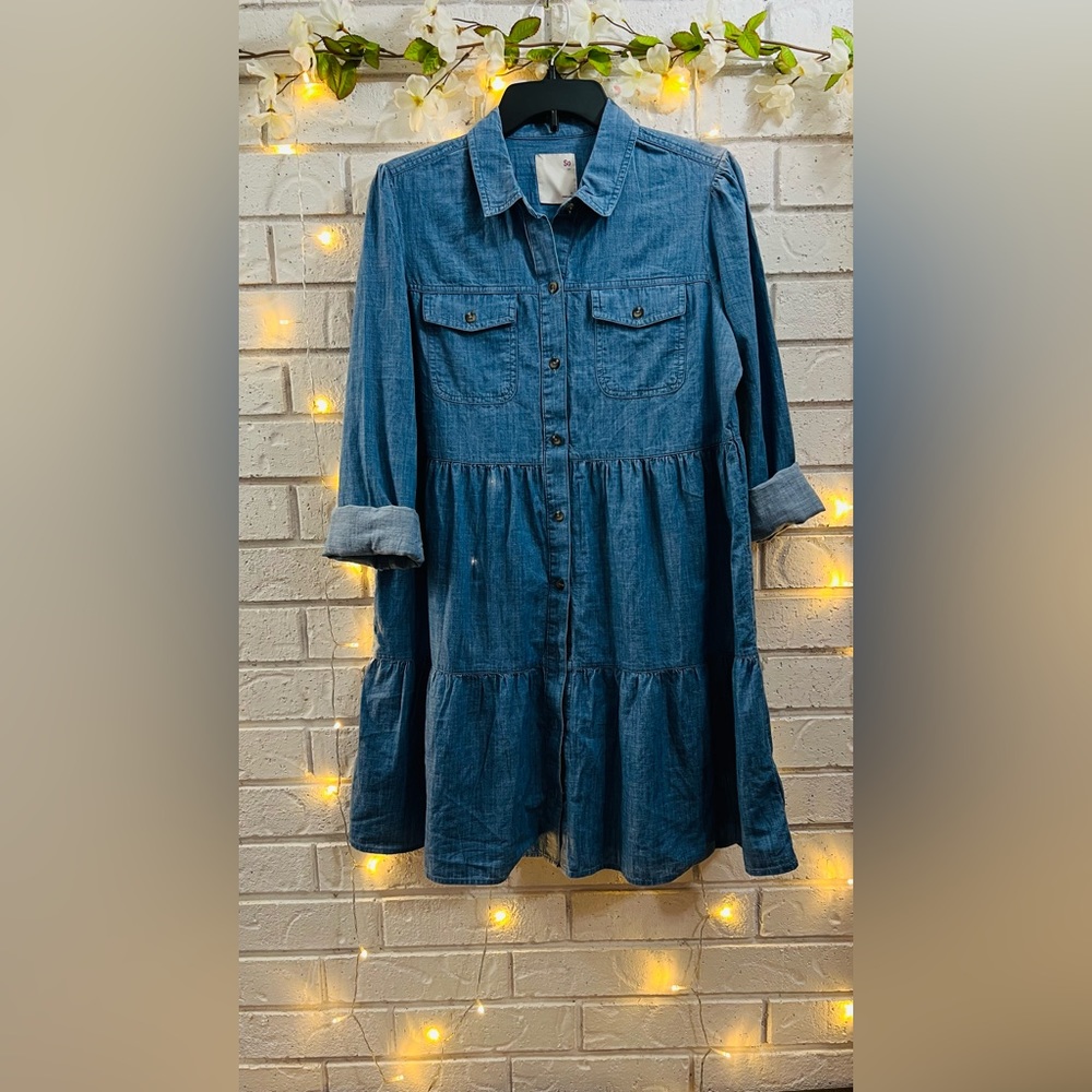 Long Sleeve Tiered Chambray Dress | Med